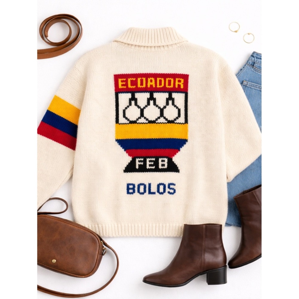 Handmade Ecuador Wool Sweater Jacket Trophy Graphic Full Zip Cardigan Vintage - Picture 11 of 12